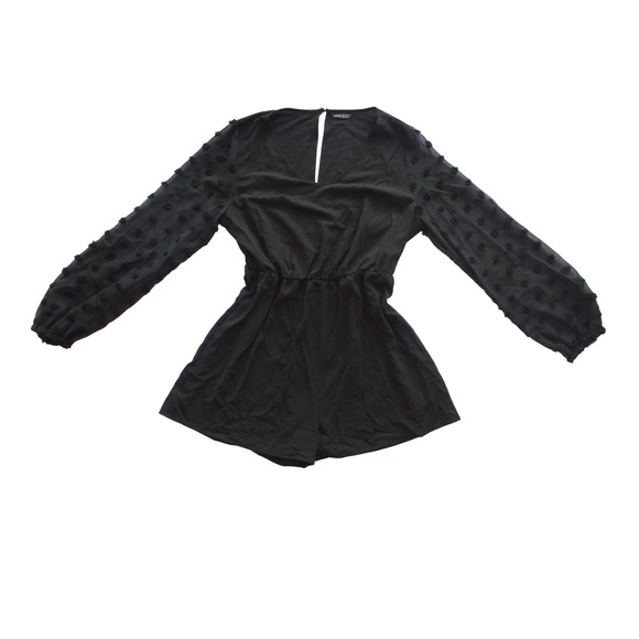 SHEIN Pants - Shein Black‎ Textured Sleeve Romper Womens Long Sleeve V Neck Elastic Waist